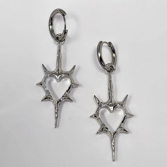 Silver Spike Goth Heart Earrings - Picture 1 of 6
